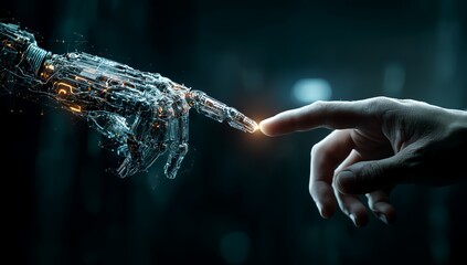 The Future of Connection: A symbolic image depicting the delicate touch of a human finger and a futuristic robotic hand, their fingertips glowing with an ethereal light.