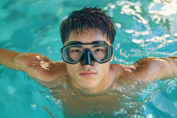 Naklejka premium A young man wearing a snorkel mask enjoying a peaceful moment while swimming in a clear blue pool, representing relaxation and fun.