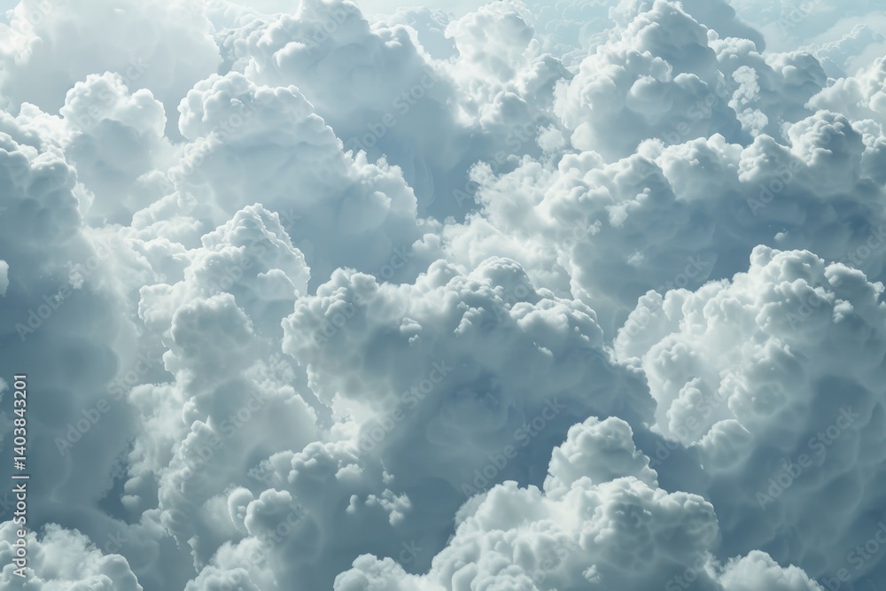 Poster a mesmerizing view of fluffy, white clouds from an airplane, capturing their depth and texture, puff