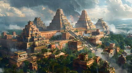 Majestic Ancient Pyramids in Rainstorm Fantasy Landscape Scenery Illustration