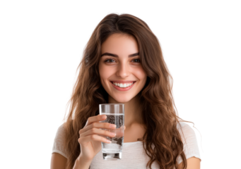 Smiling woman drinking water from glass isolated on transparent background