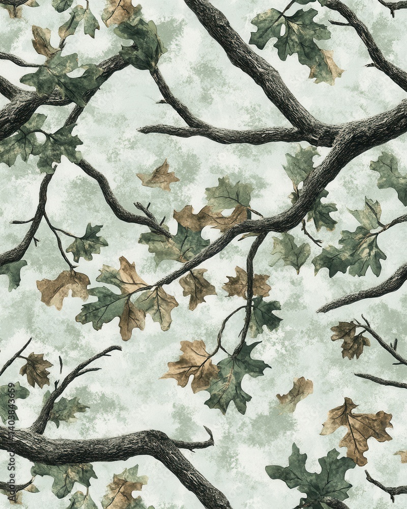 Poster artistic oak canopy pattern with branches and leaves in autumnal hues for textile and design project