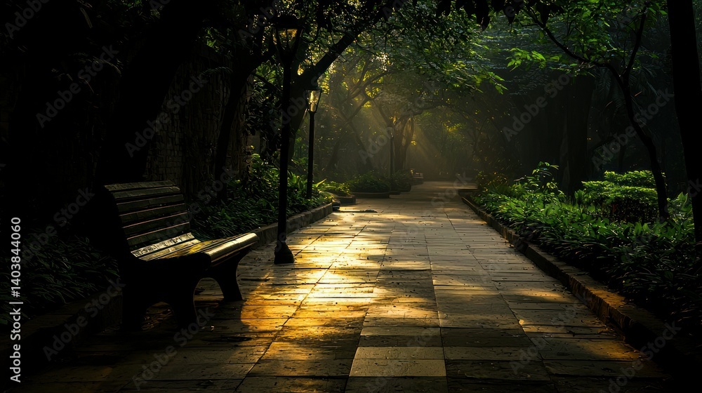 Poster sunlight illuminated garden path lined with trees and a bench