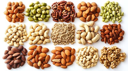 Variety of Nut Clusters Almonds, Peanuts, Pistachios, Pecans, Walnuts on White