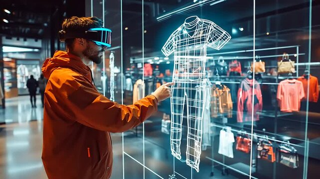Man using virtual reality glasses to interact with holographic clothing display in a modern retail store