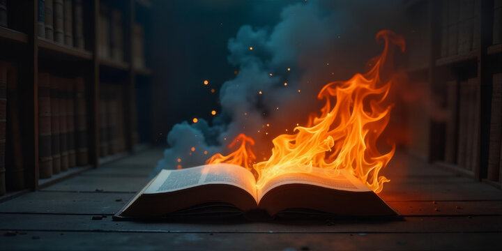 Photorealistic Burning Book Lying on the Floor in a Dark Library