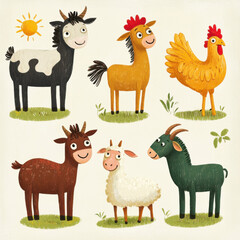 Fototapeta premium Cute Farm Animals Illustration – Goat, Cow, Horse, Ram, Sheep, and Rooster in Tempera Style on White Background