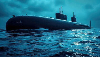 Massive, dark submarine hull partially submerged, ocean surface reflecting light, powerful,  armament