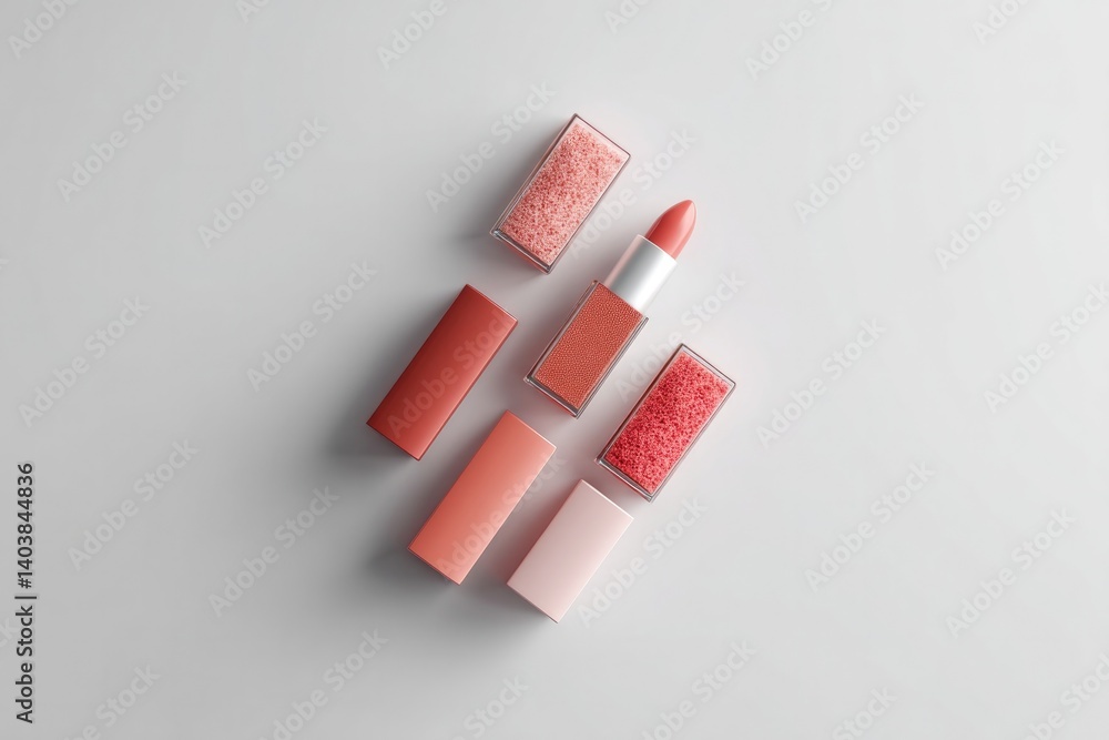 Poster minimalistic flat lay of various lipsticks and palettes on clean white surface with ample copy space
