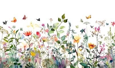 Watercolor painting of a field with butterflies and flowers on a white background in a floral pattern