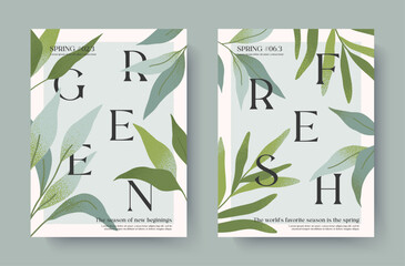 Spring elegant illustrations with green plants.Modern typography banner templates with fresh garden leaves.Creative seasonal backgrounds for holidays prints,invitations,promo offers,covers,greetings