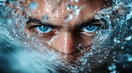 A splash of water hitting a man's face, with his vivid blue eyes sharply focused against a cool-toned background.