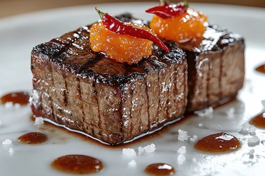 Gourmet grilled steaks with spicy red pepers and citrus garnish on elegant plate