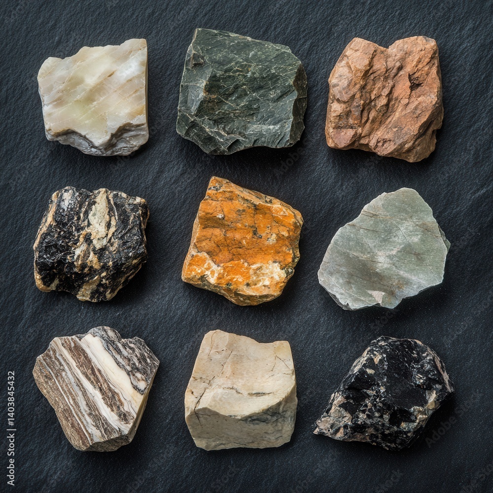 Aufkleber geological collection of diverse mineral specimens on dark slate background showcasing unique textur