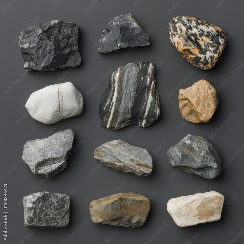 Poster diverse rock collection showcasing unique textures and colors on a neutral background in a studio sh