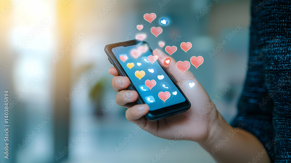 Poster hand holding smartphone displaying floating red hearts with light effects and blurred background