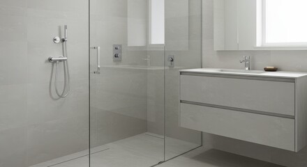 Modern Bathroom Shower and Vanity - Clean and minimalist bathroom design featuring a frameless shower enclosure, modern vanity, and sleek chrome fixtures