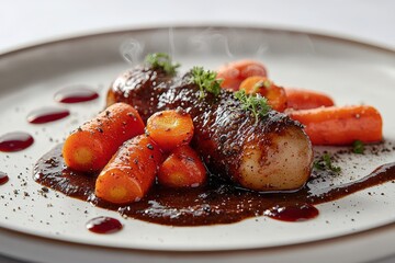 Gourmet panseared scallops with glazed carrots in rich dark sauce