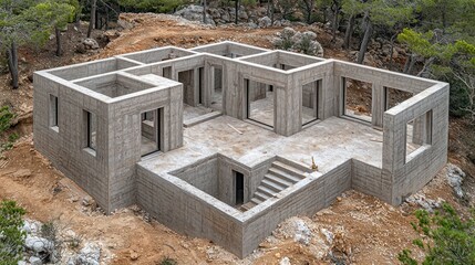 Aerial View of a House Under Construction in a Wooded Area