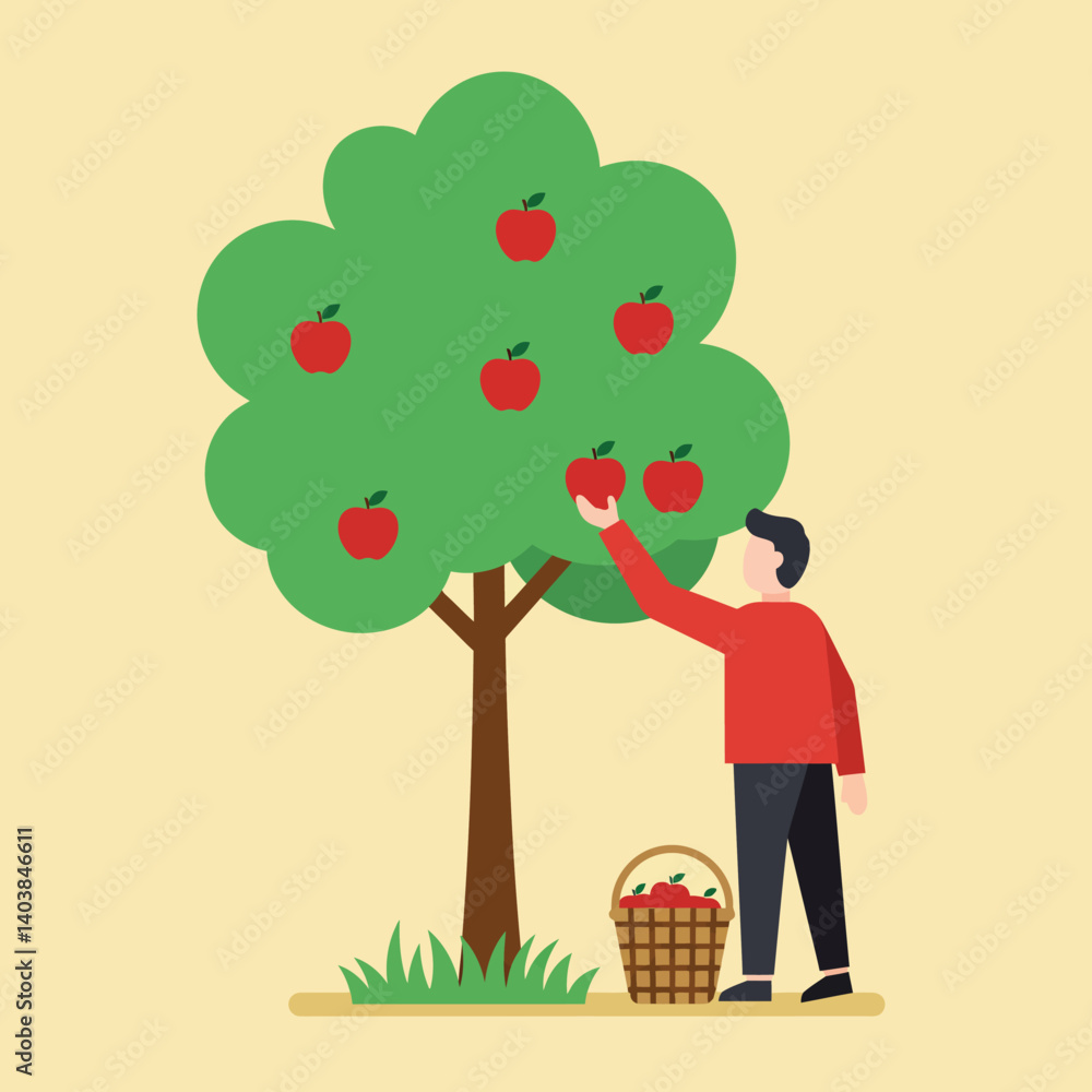 Aufkleber man picking apples from a tree in flat vector art style vector art