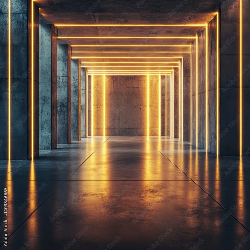 Poster abstract concrete corridor with glowing neon lights creating a futuristic and modern architectural s