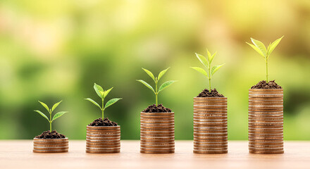 Ascending stacks of coins topped with green seedlings on wooden surface. Financial growth and investment concept with increasing money piles. Sustainable wealth building with natural elements.