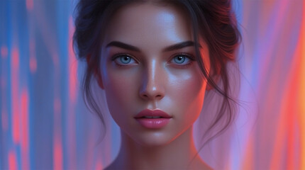 Fototapeta premium Hyper-Realistic Woman Portrait Blending Digital and Traditional Art with Vibrant Colors.
