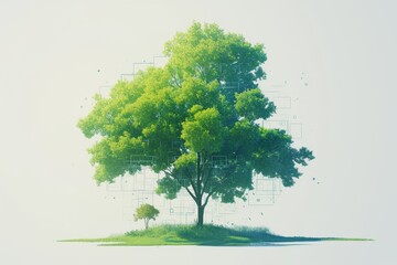 Obraz premium Lush tree on a grassy hill with a smaller one beside it. Pure and green