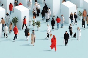 Crowd exploring modern outdoor exhibition with white structures and vibrant outfits in a contemporary setting