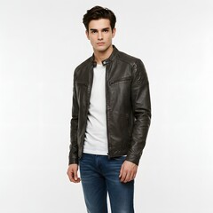 A stylish young man exudes confidence in a fitted black leather jacket, crisp white t-shirt, and classic blue jeans. His sharp features and effortless pose radiate modern sophistication and charm.