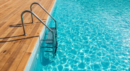 Obraz premium Modern Pool Design with Stainless Steel Steps and Wooden Deck - Luxury poolside relaxation. Stainless steel steps provide safe access to a refreshing turquoise pool. The warm wooden deck adds comfort