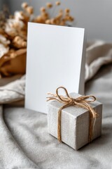 Minimalist gift box with a blank card on soft fabric background  