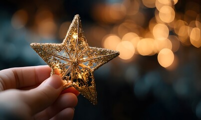 A hand holding a golden star ornament with blurred lights in the background for christmas time