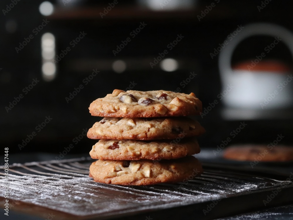 Aufkleber delicious homemade cookies stacked high on a cooling rack with a dark moody background adding a rust