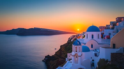 Fototapeta premium Santorini's breathtaking sunset over the Aegean Sea.