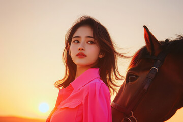 A young woman stands beside a horse at sunset, showcasing the bond between humans and animals in a serene environment.