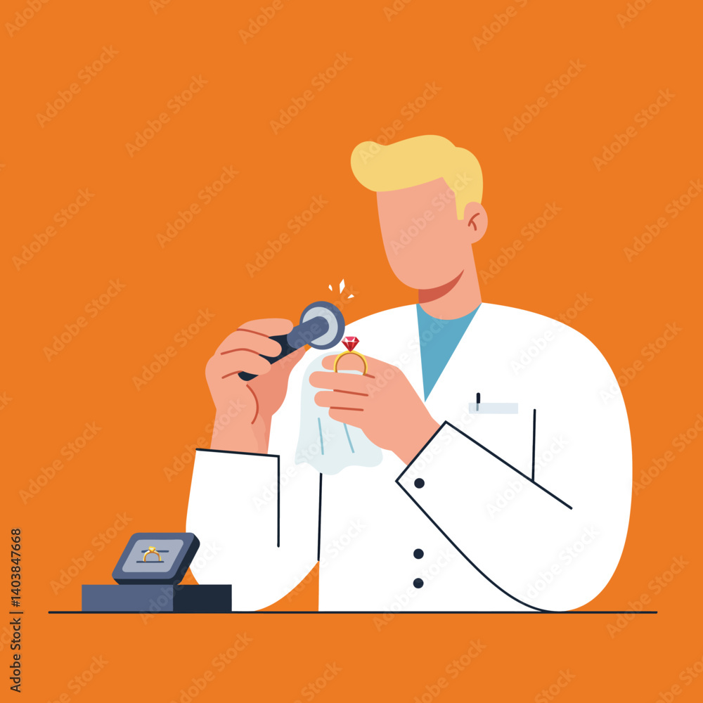 Poster scientist examining a gemstone using a magnifying glass in flat vector art