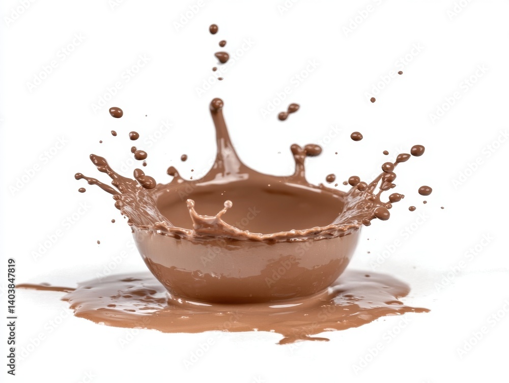 Poster captivating chocolate splash in a bowl against a pristine white backdrop showcasing dynamic movement