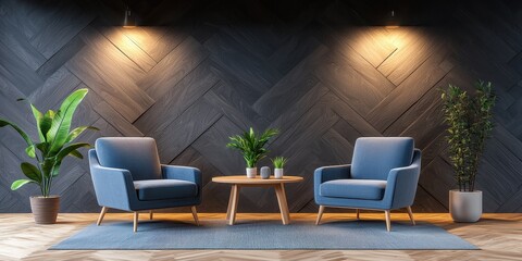 Two chairs and microphones in a podcast interview room with dark background as a wide banner for media conversations.