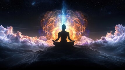 A figure sits in meditation on a floating rock in deep space, surrounded by stars and cosmic clouds, reflecting deep introspection and universal harmony.