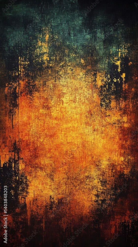 Poster abstract canvas texture in warm tones of yellow and orange with dark accents creating a dramatic art
