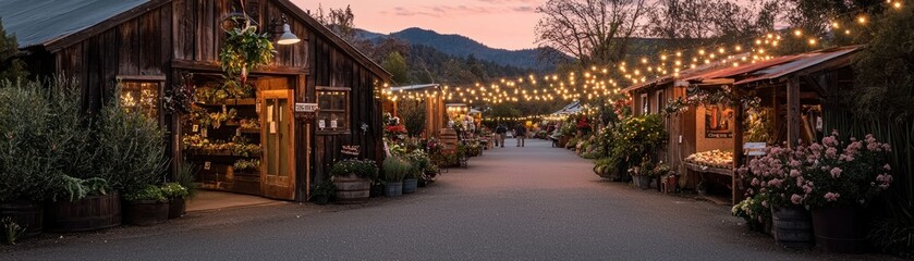 Fototapeta premium Wooden buildings and lights adorn a beautiful outdoor market setting