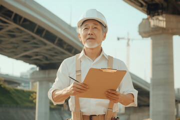 An experienced construction worker inspects a bridge, clipboard in hand, showcasing dedication and expertise in the field.