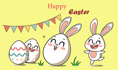 Cute cartoon easter bunny with eggs and flowers on a happy spring holiday greeting card