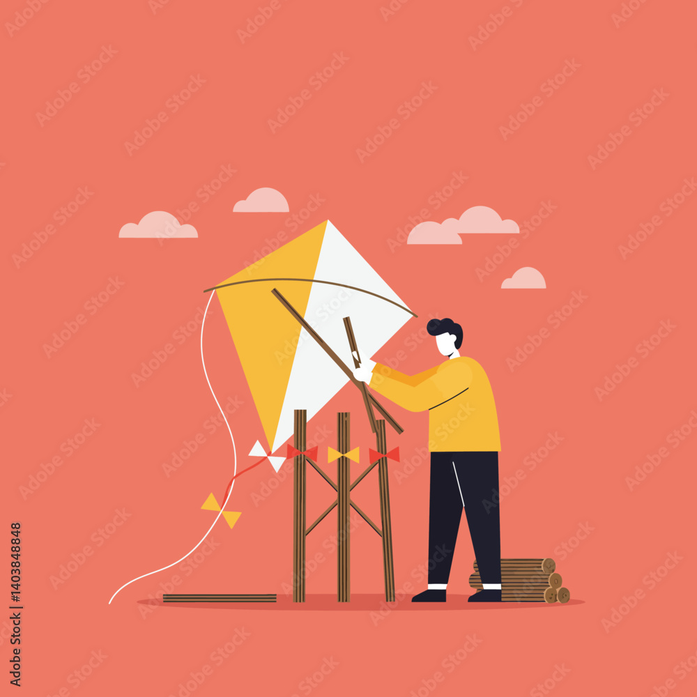 Poster person assembling a colorful kite with a minimal flat design vector art
