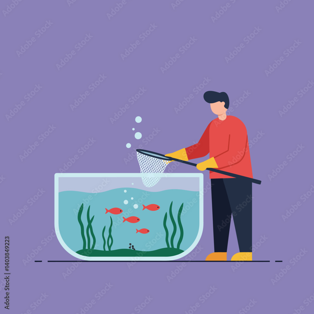 Poster man fishing in aquarium using net in flat vector illustration