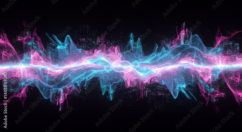 Poster neon matrix cyberspace wave - abstract ai generated depicting a neon wave of data, symbolizing techn