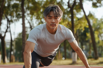 Focused male athlete training outdoors, demonstrating strength and determination in a natural environment.