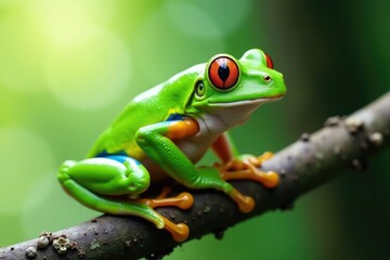 Naklejka premium Green tree frog perched on white, vibrant details, animal photography, amphibian, macro photography