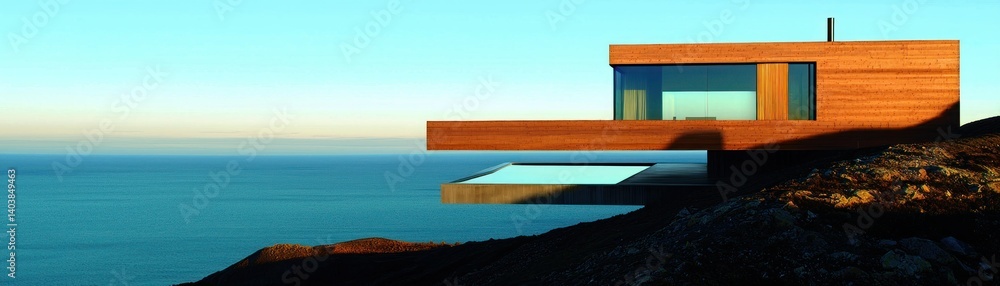 Poster modern architectural structure overlooking a vast body of water with a pool
